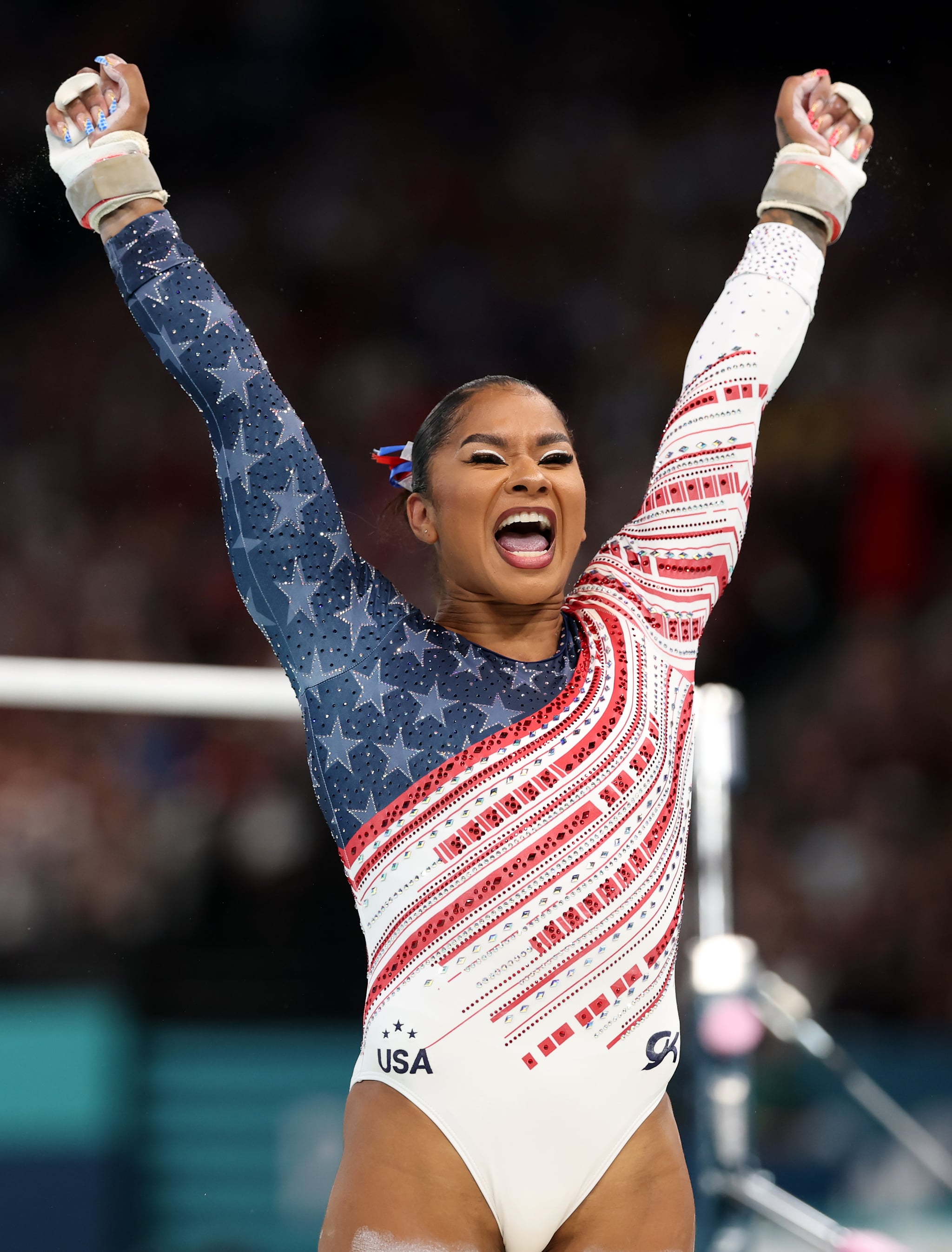 PARIS, FRANCE - JULY 30: Jordan Chiles of Team United States reacts after finishing her routine on the uneven bars during the Artistic Gymnastics Women's Team Final on day four of the Olympic Games Paris 2024 at Bercy Arena on July 30, 2024 in Paris, France. (Photo by Jamie Squire/Getty Images)