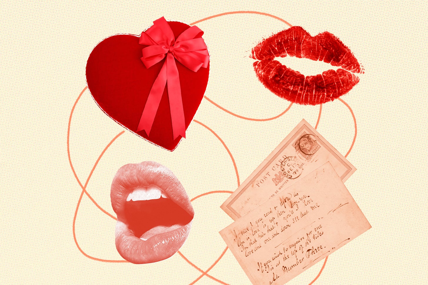 a collage of hearts, kisses, and a love letter