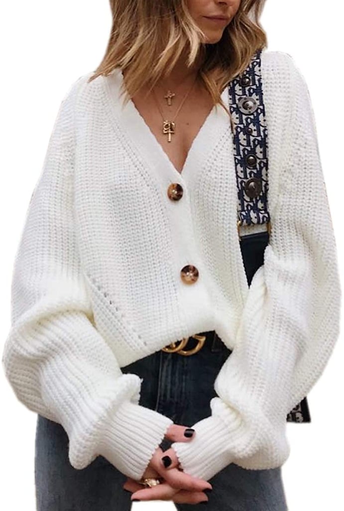 Asskdan Women's V-Neck Lantern Sleeve Knit Cardigan Sweater