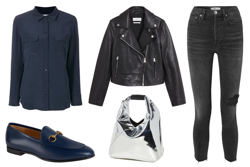 Gucci Jordaan Loafer ($730)
Re/Done Power Stretch High-Rise Ankle Crop Distressed Skinny Jeans ($265)
Equipment Button Pocket Shirt ($312)
Mango Lapelled Leather Biker Jacket ($200)
MM6 Maison Margiela Crossbody Triangle Bag ($450)