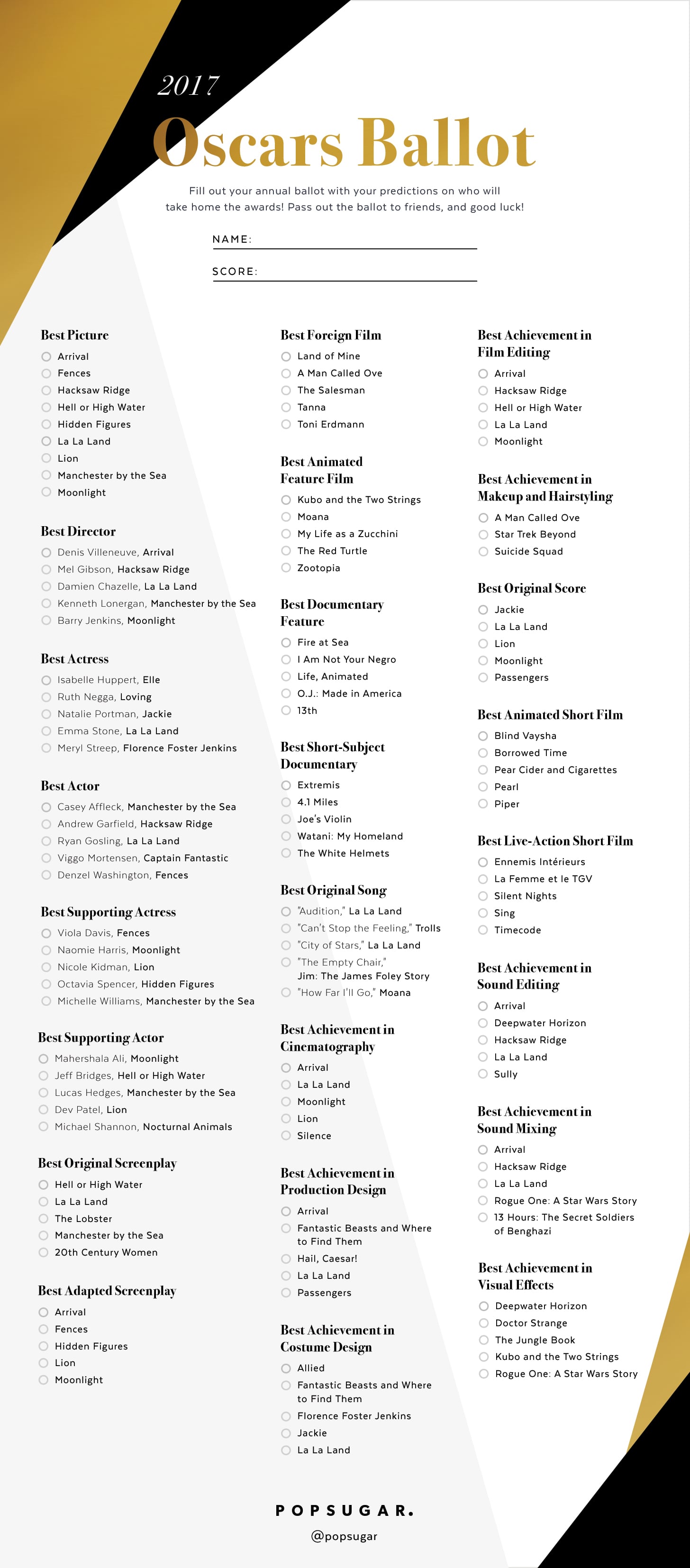 Printable Oscars Ballot 2017 | POPSUGAR Entertainment