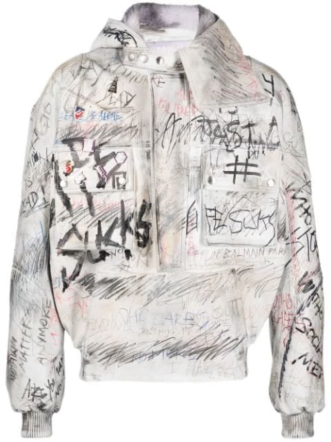 Balmain Graffiti-Print Aviator Leather Jacket