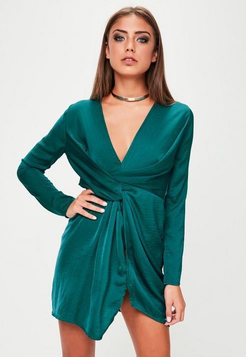Missguided Green Satin Wrap Mini Dress ...