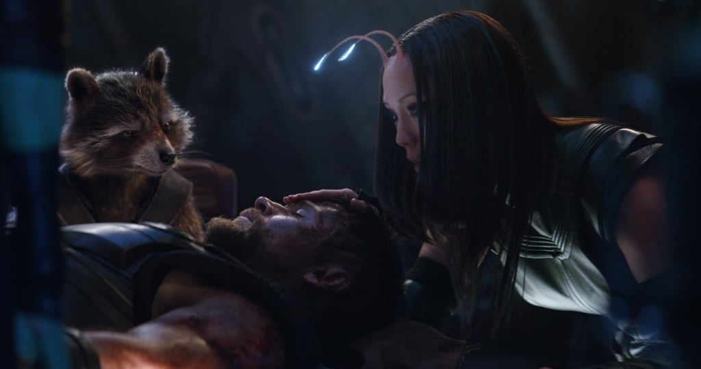 Mantis (Pom Klementieff) and Rocket (Bradley Cooper) give Thor (Chris Hemsworth) an extra close look.