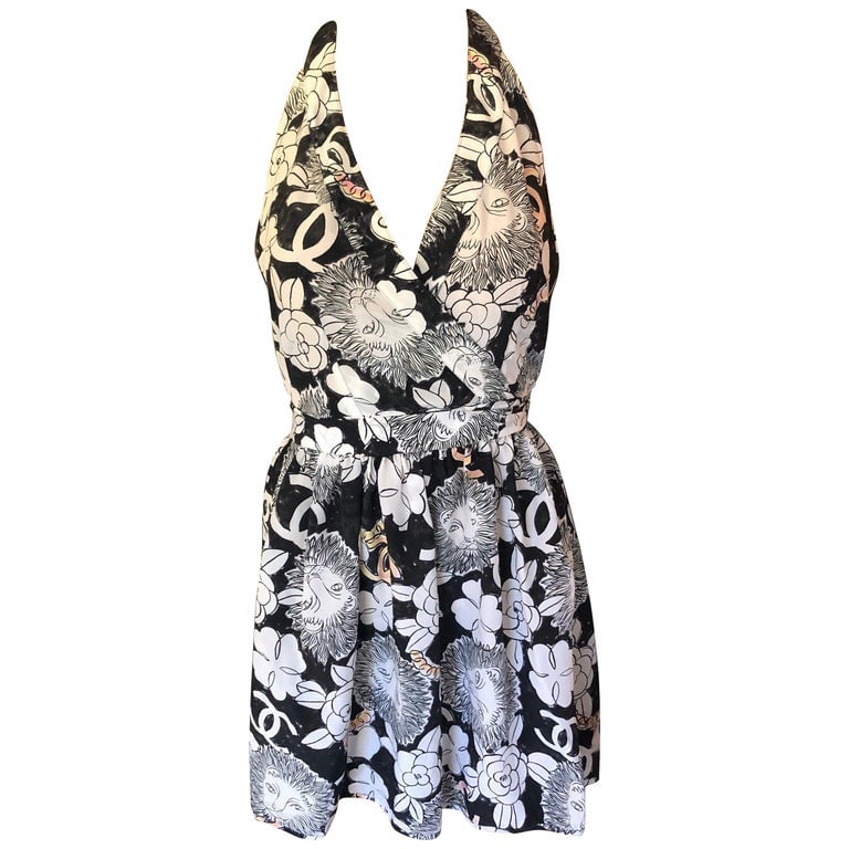 Chanel CC Logo Monogram Silk Halter Open Back Wrap Dress