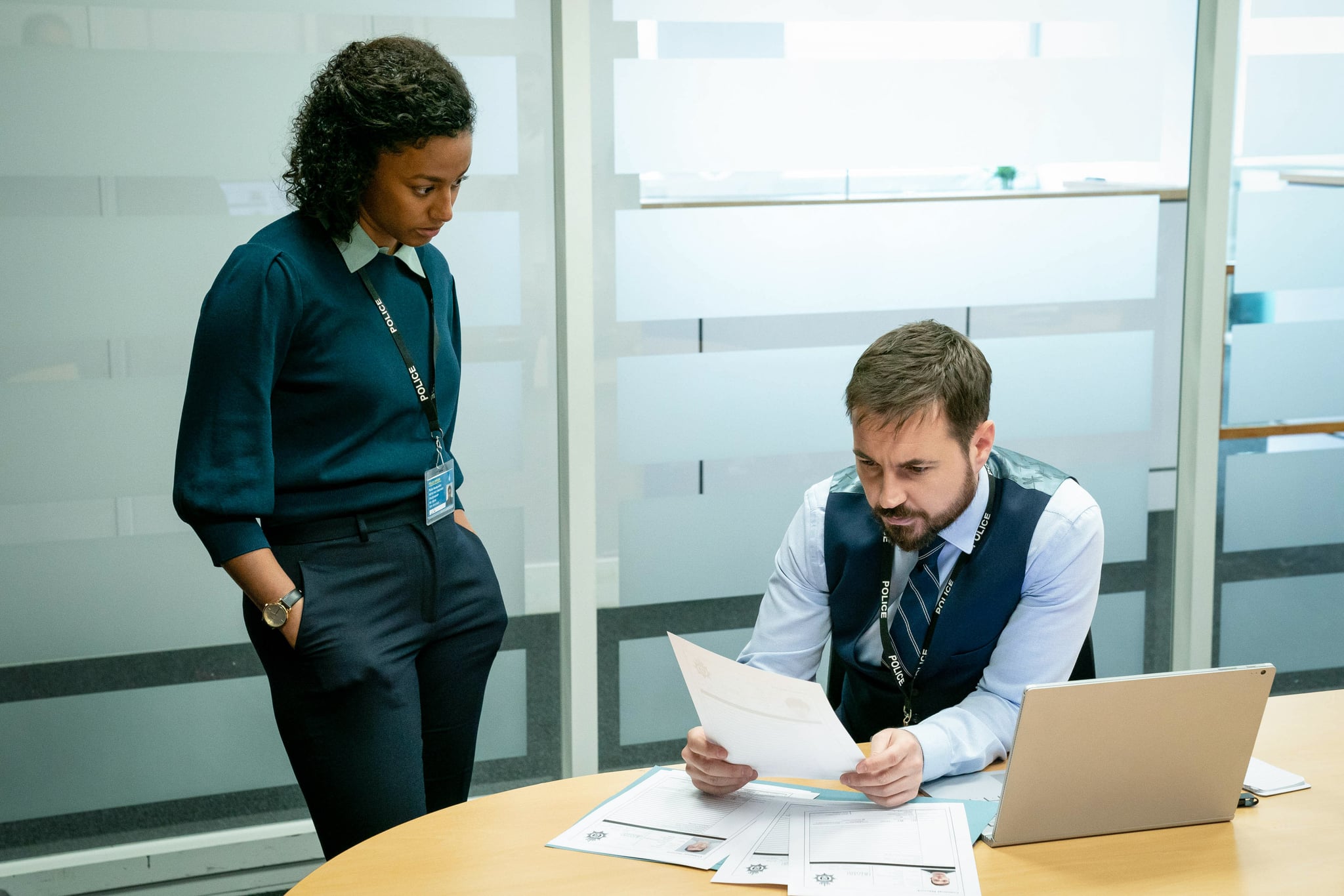 Programme Name: Line of Duty S6 - TX: n/a - Episode: Line Of Duty - Ep 1 (No. n/a) - Picture Shows:  DC Chloe Bishop (SHALOM BRUNE-FRANKLIN), DS Steve Arnott (MARTIN COMPSTON) - (C) World Productions - Photographer: Steffan Hill