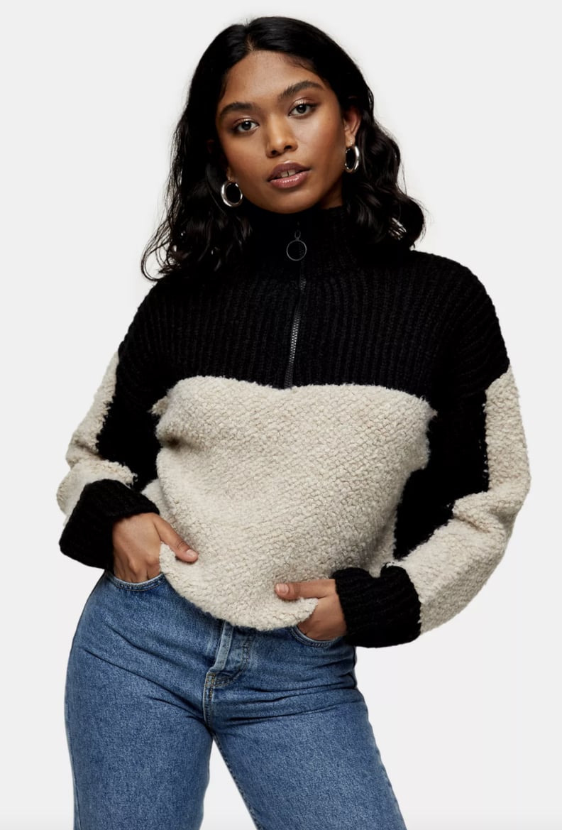 Topshop Boucle Zip Up Funnel Knitted Sweater