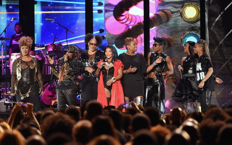 LAS VEGAS, NV - NOVEMBER 07:  Rappers Da Brat (L), Missy Elliott (2nd L) and Lil' Kim (4th L), singers Pam Long (3rd R) and Kima Dyson (2nd R) of Total and rapper MC Lyte (R) perform during the 2014 Soul Train Music Awards at the Orleans Arena on November