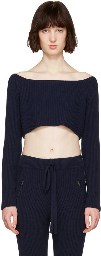 Baja East Navy Cashmere Off-the-Shoulder Sweater