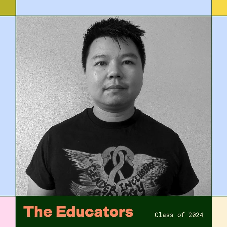 Sam Long is pictured smiling next to a colorful border and text that reads The Educators Class of 2024