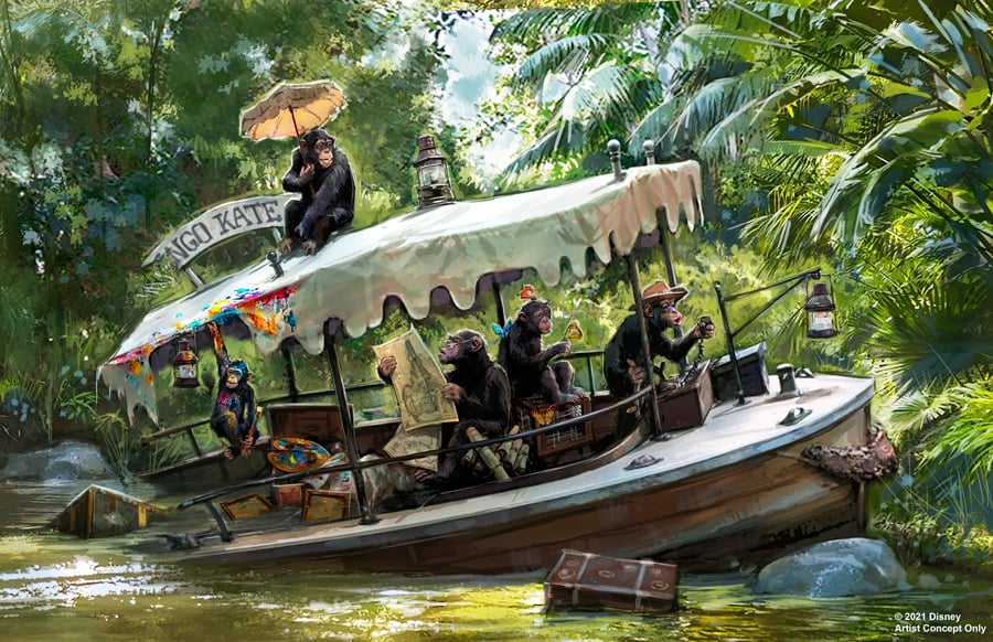 Disney animator-designer Marc Davis created concept art to show what the reimagined Jungle Cruise ride will look like with the intention of doing away with any offencive depictions of indigenous people.
