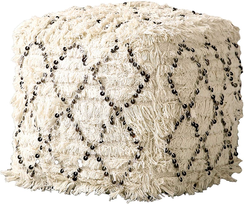 Creative Co-op White Fringed Moroccan Sequin Design Pouf