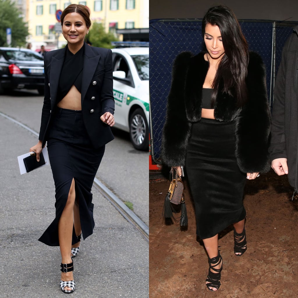 Kim bared her midriff the sophisticated way, with an overcoat and just a sliver of skin — we think she learned how from Christine.