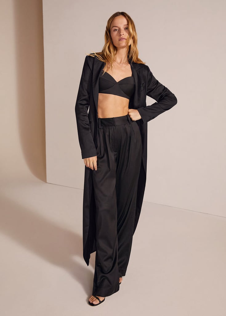 A Satin Suit: Favorite Daughter Satin Favorite Pant, Satin Bra, and Long Satin Blazer