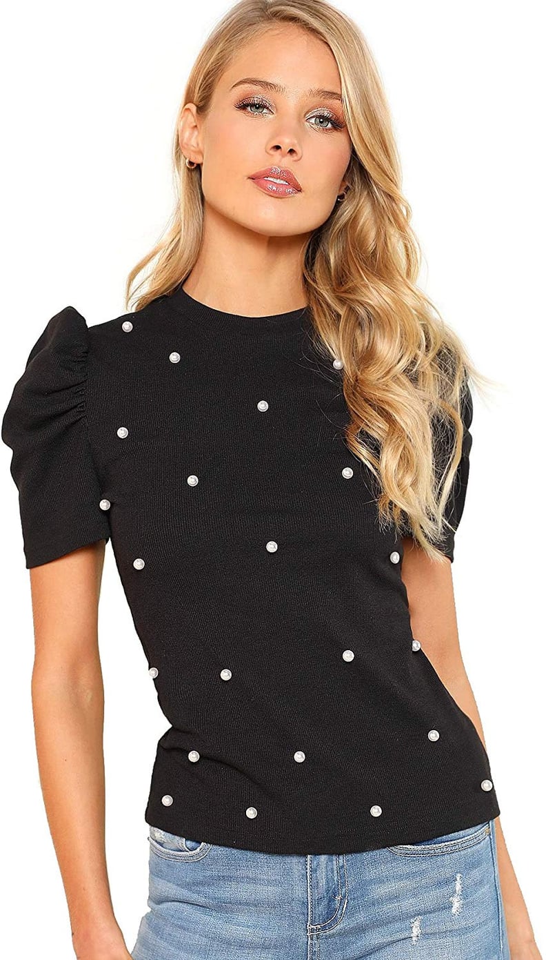 Romwe Pearl Embellished Top