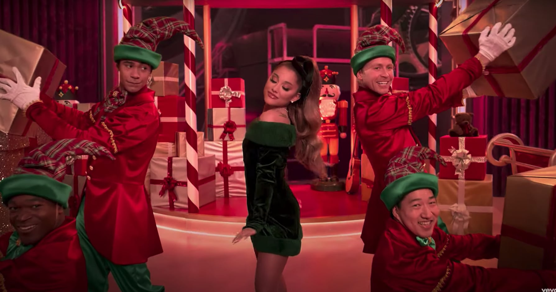 Ariana Grande s Green Velvet Dress in the Oh Santa Video POPSUGAR Fashion