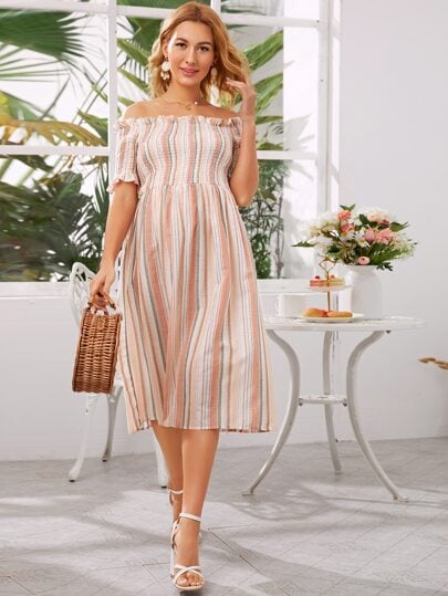 Shein Maternity Off Shoulder Frill Trim Shirred Bodice Striped Dress
