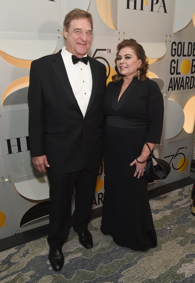 BEVERLY HILLS, CA - JANUARY 07:  Actors John Goodman (L) and Roseanne Barr celebrate The 75th Annual Golden Globe Awards with Moet & Chandon at The Beverly Hilton Hotel on January 7, 2018 in Beverly Hills, California.  (Photo by Michael Kovac/Getty Images