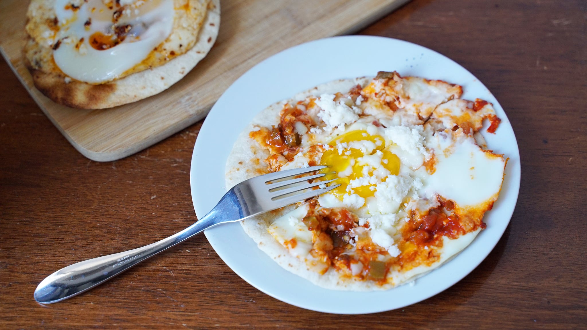 feta fried egg with fire-roasted tomatoes