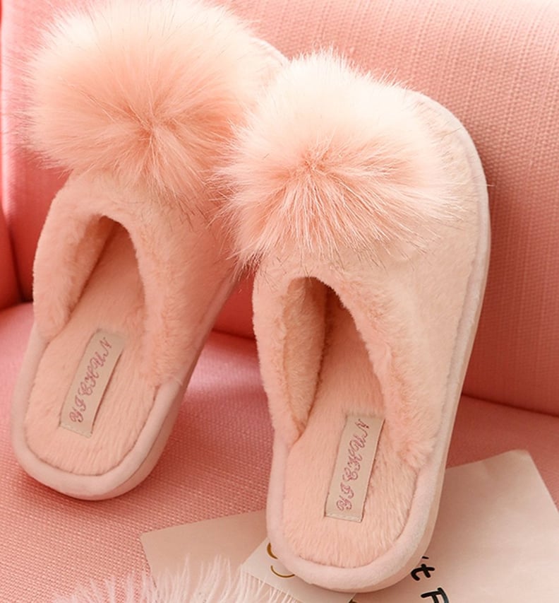 FreLO Pink Plush Pom-Pom Fuzzy Slippers