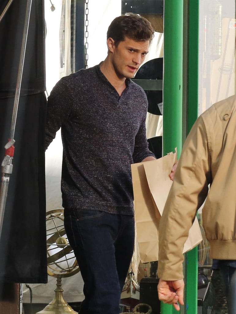 Hello, Christian! Jamie Dornan's hair was combed to perfection on the set of the Fifty Shades of Grey movie in Vancouver on Wednesday.