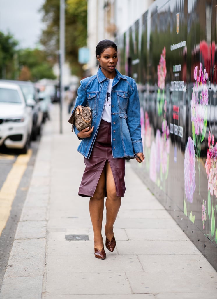 Our ideal Summer Friday look: a graphic t-shirt, a pencil skirt, mules, and, of course, a denim jacket.