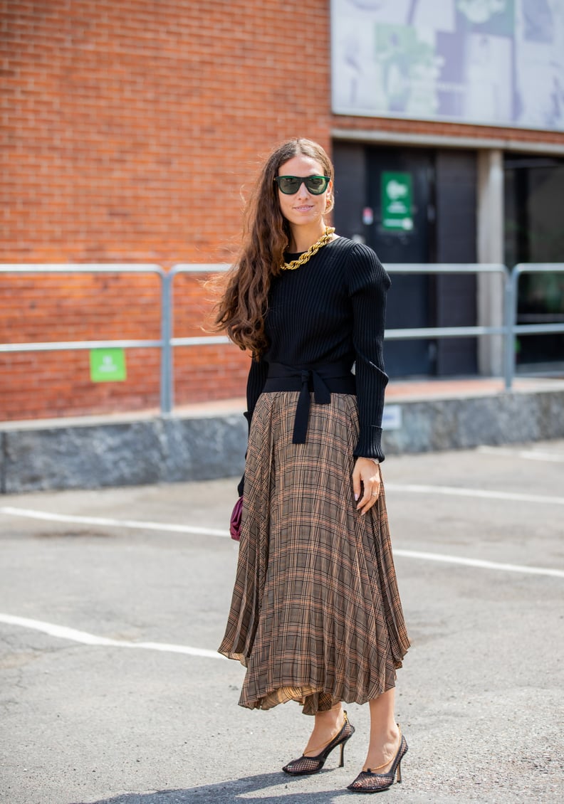 Fall Outfit Idea: Black Sweater + Plaid Skirt + Heels