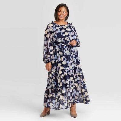 Ava & Viv Floral Print Long Sleeve Tiered Dress