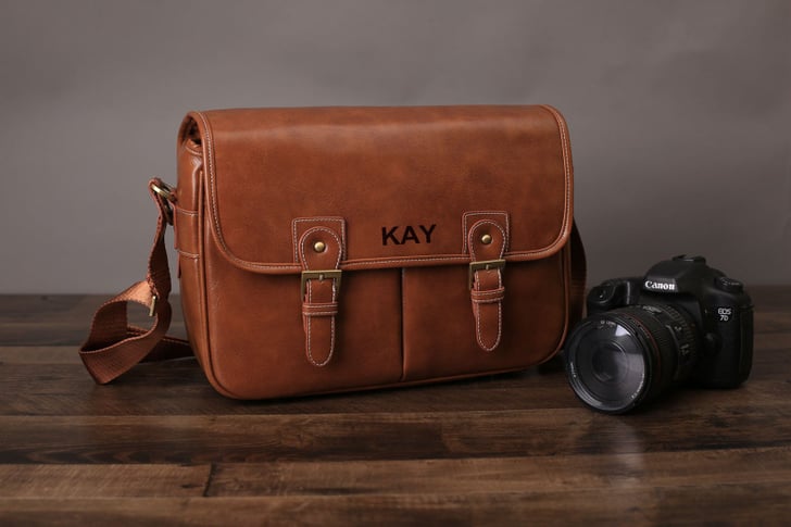 Personalised leather shop camera bag