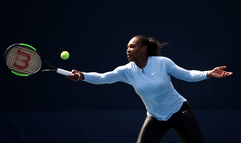 NEW YORK, NY - AUGUST 26:  Serena Williams of USA plays a forehand during previews for the US Open at USTA Billie Jean King National Tennis Center on August 26, 2018 in the Flushig Neighborhood of Queens borough of New York City.  (Photo by Julian Finney/