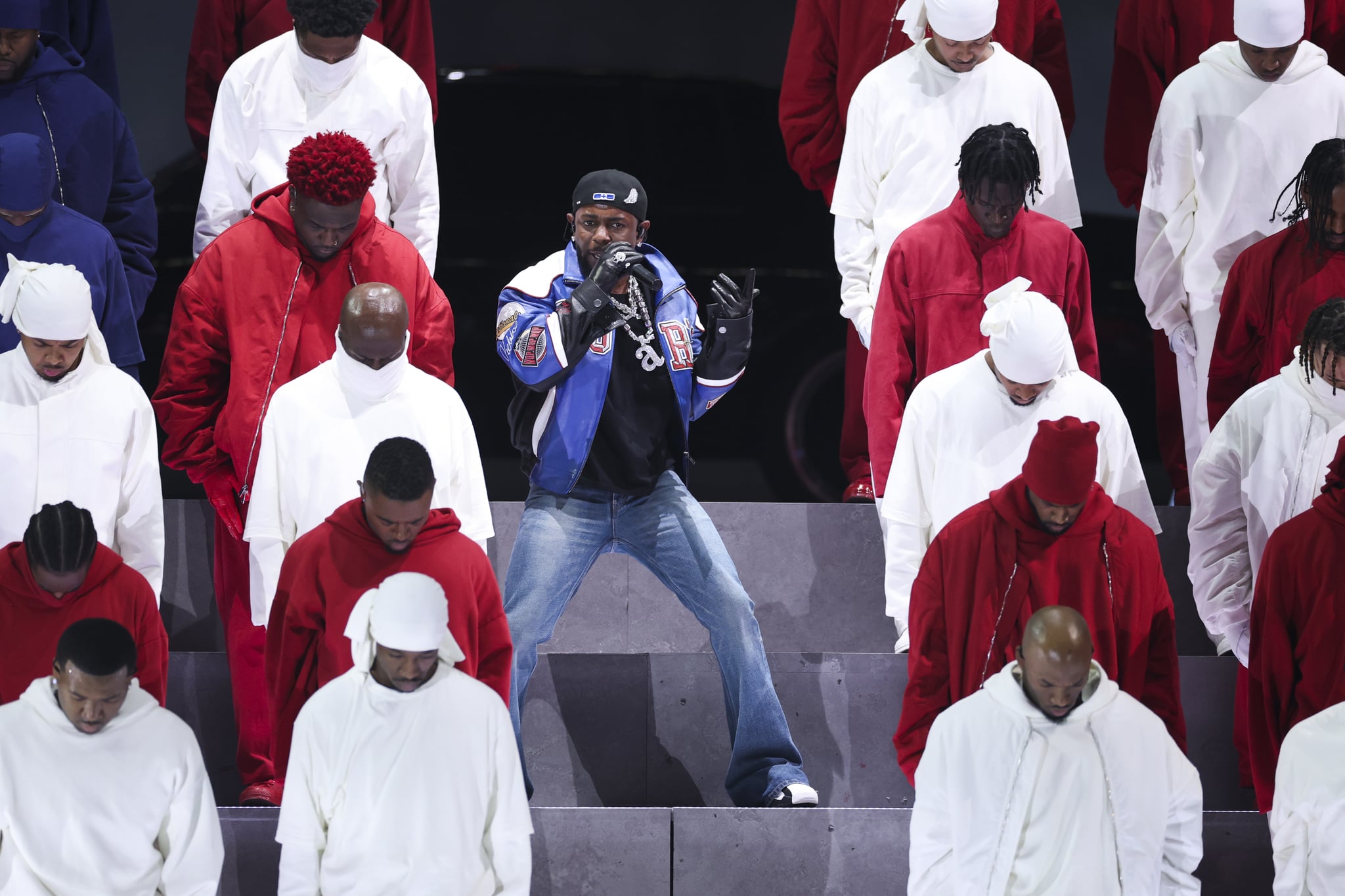 NEW ORLEANS, LOUISIANA - FEBRUARY 09: Kendrick Lamar performs at halftime during Super Bowl LIX between the Kansas City Chiefs and the Philadelphia Eagles at Caesars Superdome on February 09, 2025, in New Orleans, Louisiana. The Eagles defeated the Chiefs 40-22. (Photo by Logan Bowles/Getty Images)