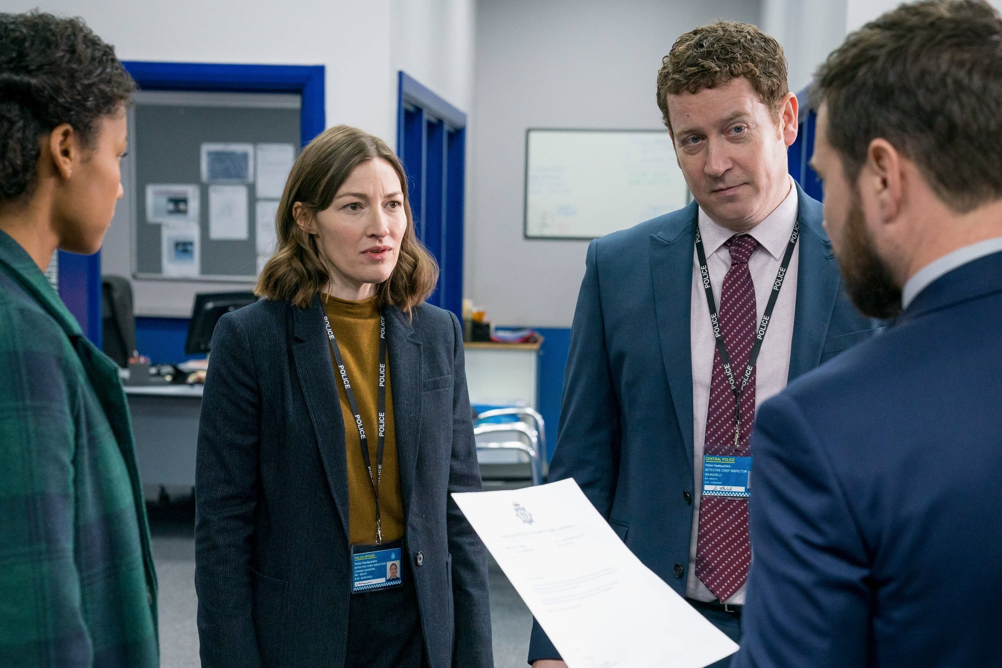 WARNING: Embargoed for publication until 00:00:01 on 23/03/2021 - Programme Name: Line of Duty S6 - TX: n/a - Episode: Line Of Duty - Ep 2 (No. n/a) - Picture Shows:  DC Chloe Bishop (SHALOM BRUNE-FRANKLIN), DCI Joanne Davidson (KELLY MACDONALD), DCI Ian Buckells (NIGEL BOYLE), DS Steve Arnott (MARTIN COMPSTON) - (C) World Productions - Photographer: Steffan Hill