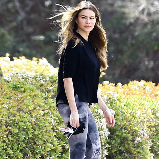 Sofia Vergara Wears Marble-Print Workout Leggings April 2016