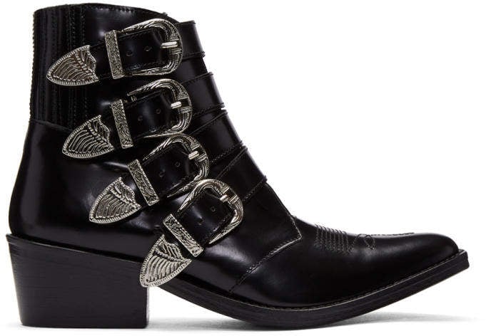 Toga Pulla Black Four-Buckle Western Boots