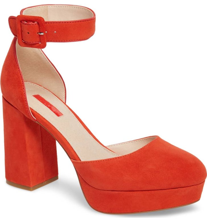 red platform pumps with ankle strap