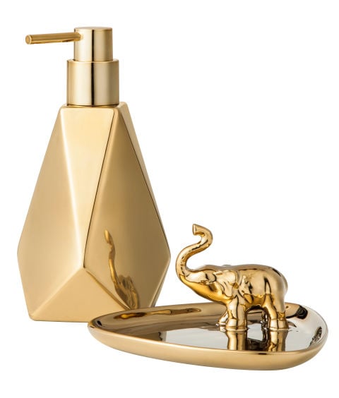 Faceted Soap Dispenser in Gold and Elephant Decorative Tray in Gold ($10 each)