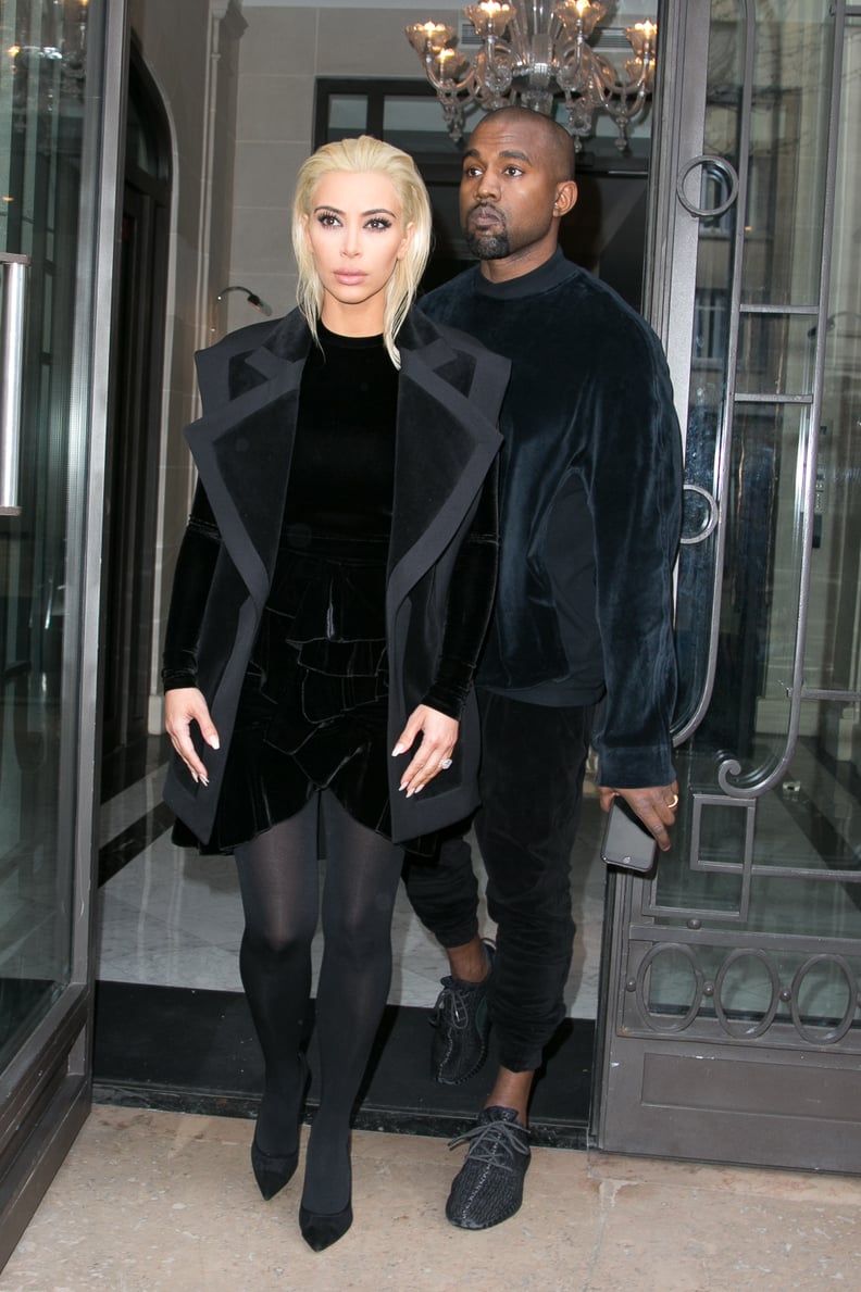 Kim Debuted Bleach Blond Hair While Wearing a Velvet Balmain Dress