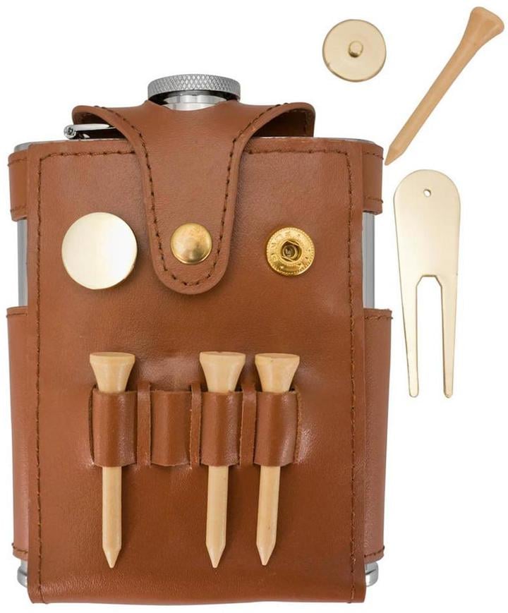 Visol Brown Leather Wrapped Flask With Golf Tools