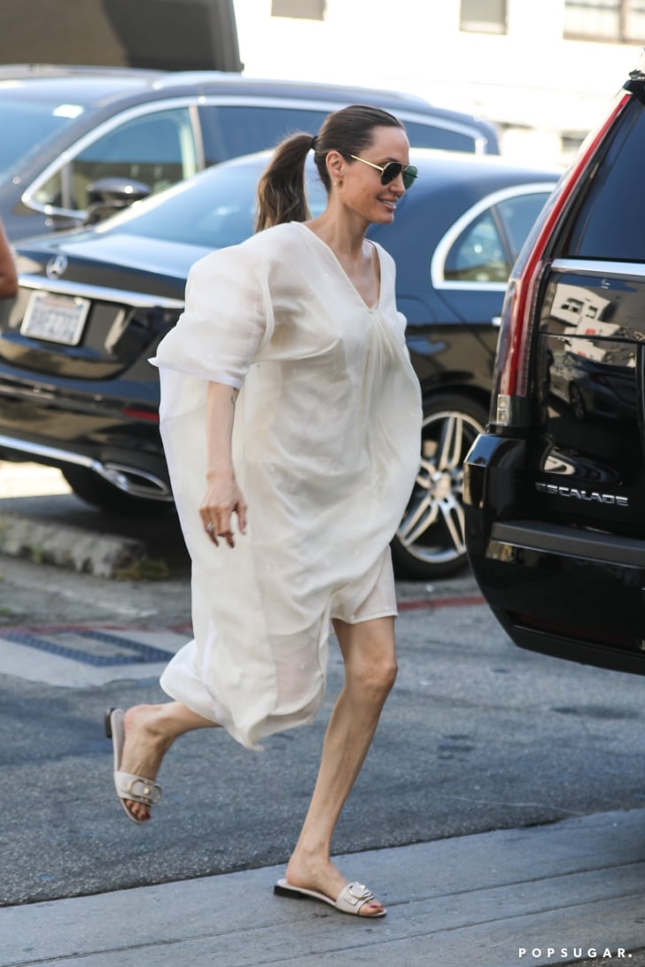 Angelina Jolie White Dress and Slides 2019