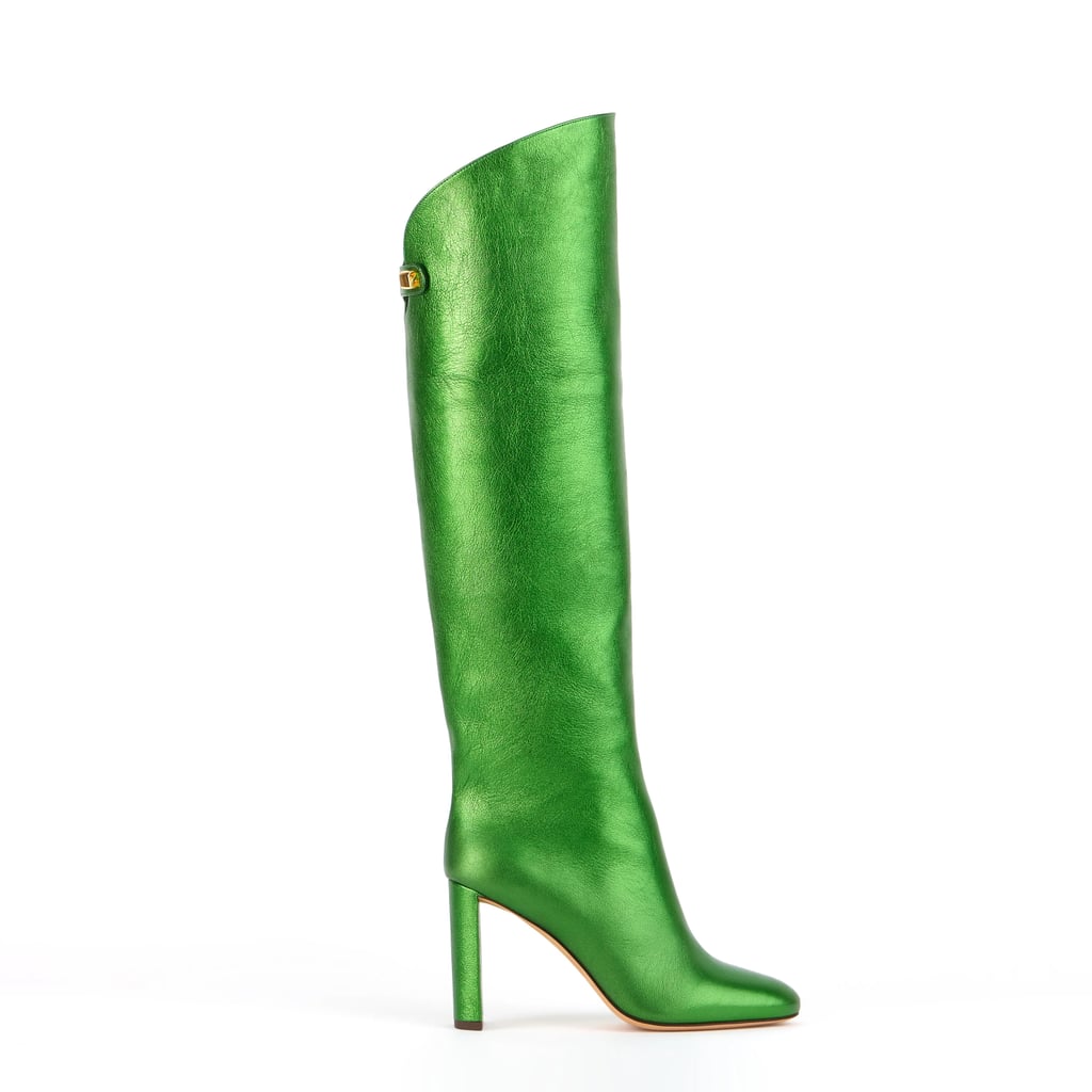 阿德里亚娜的价格Maison该岛高跟鞋金属光面绿色的靴子”class=