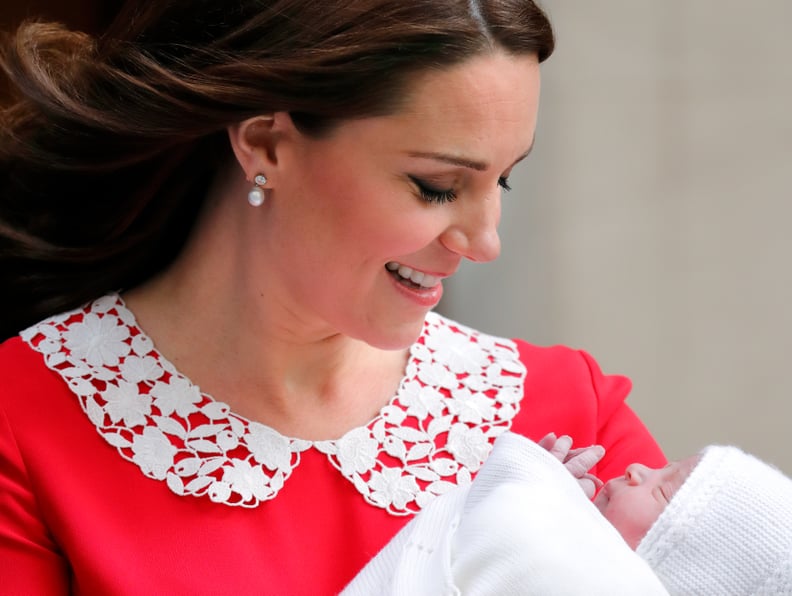 LONDON, UNITED KINGDOM - APRIL 23: (EMBARGOED FOR PUBLICATION IN UK NEWSPAPERS UNTIL 24 HOURS AFTER CREATE DATE AND TIME) Catherine, Duchess of Cambridge departs the Lindo Wing of St Mary's Hospital with her newborn baby son on April 23, 2018 in London, E