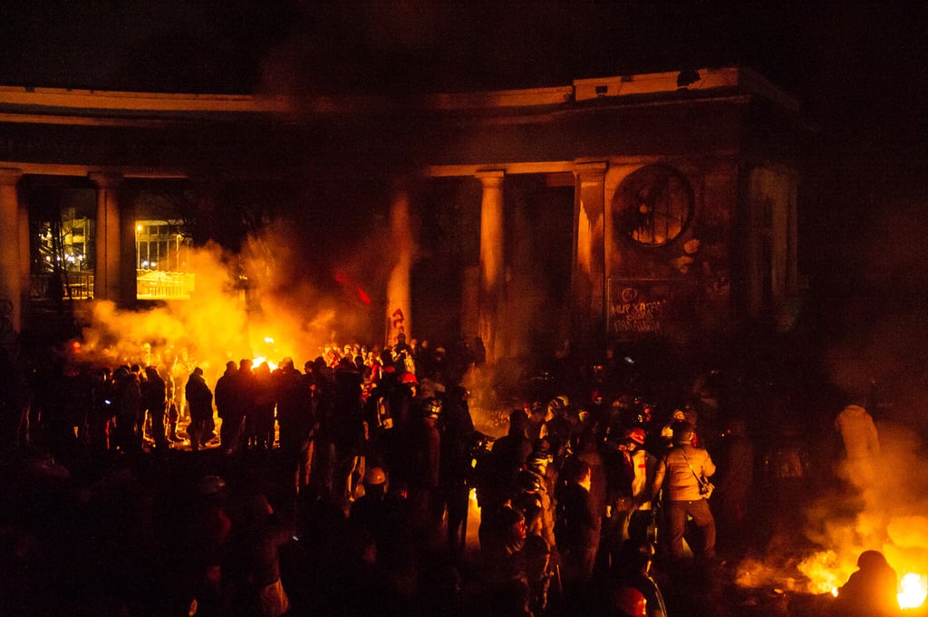 Fires burned throughout the protesters' camp.