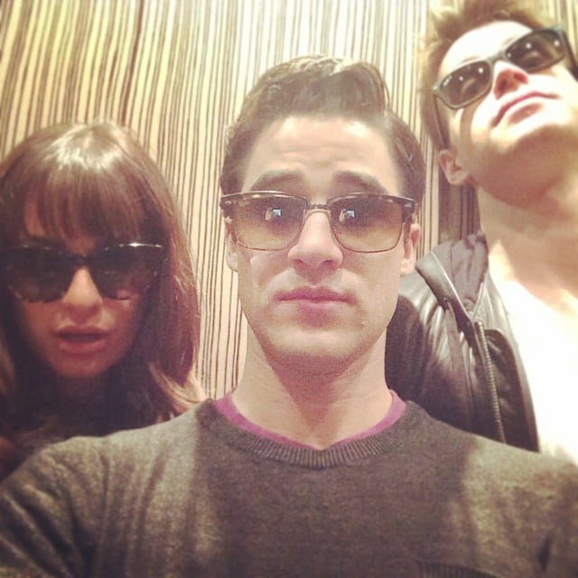 Lea Michele snapped a sunglasses selfie with her Glee costars Darren Criss and Chord Overstreet on set.
Source: Instagram user msleamichele