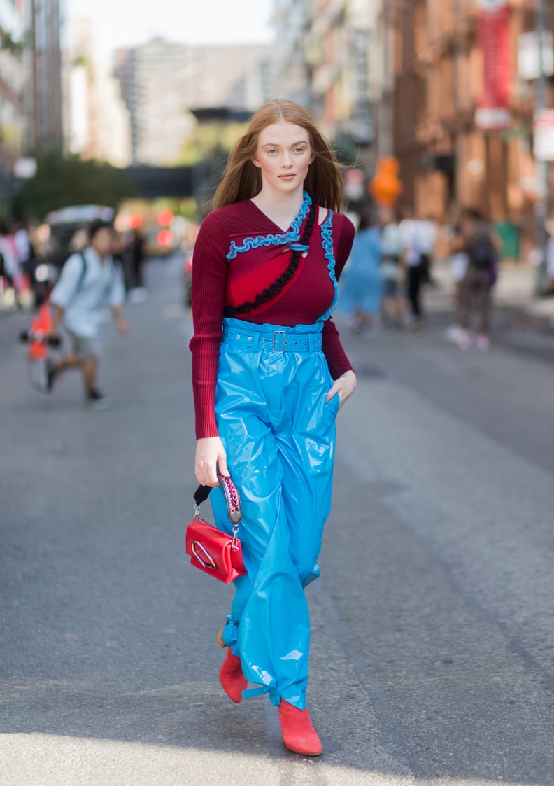 This Model Wore a Burgundy Sweater With Bright Blue Paperbag-Waist Pants
