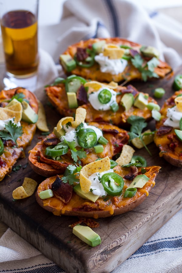 Chicken Chili Con Carne Stuffed Sweet Potato Skins