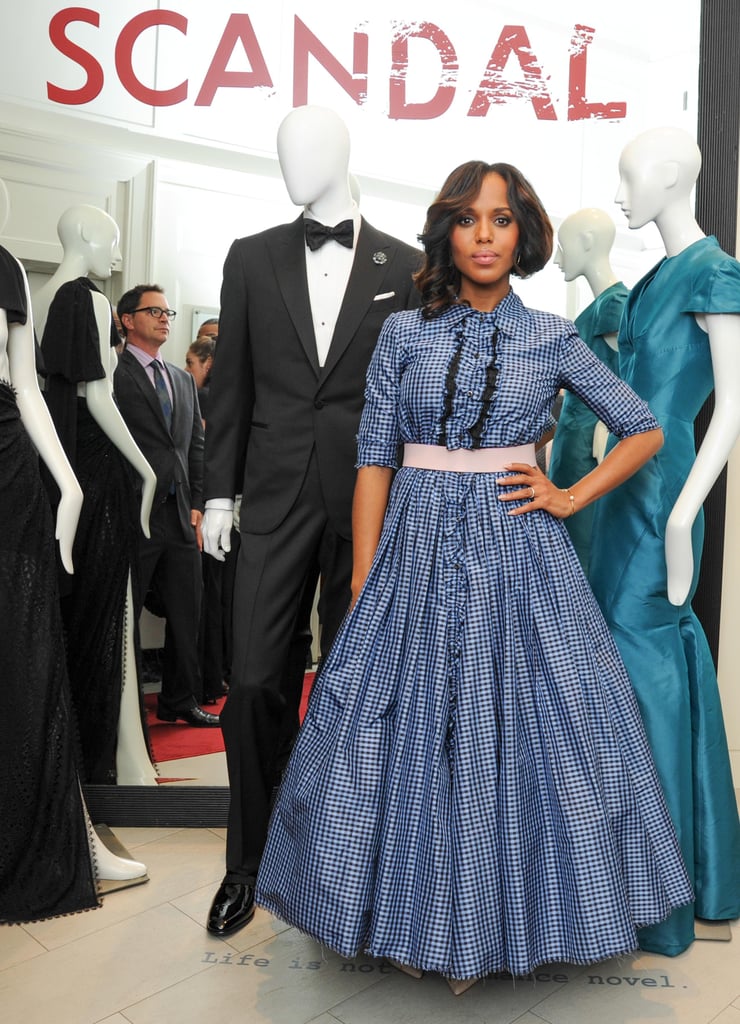 Washington promoted the third season of Scandal at Saks Fifth Avenue in New York city wearing a custom Prada ball gown.