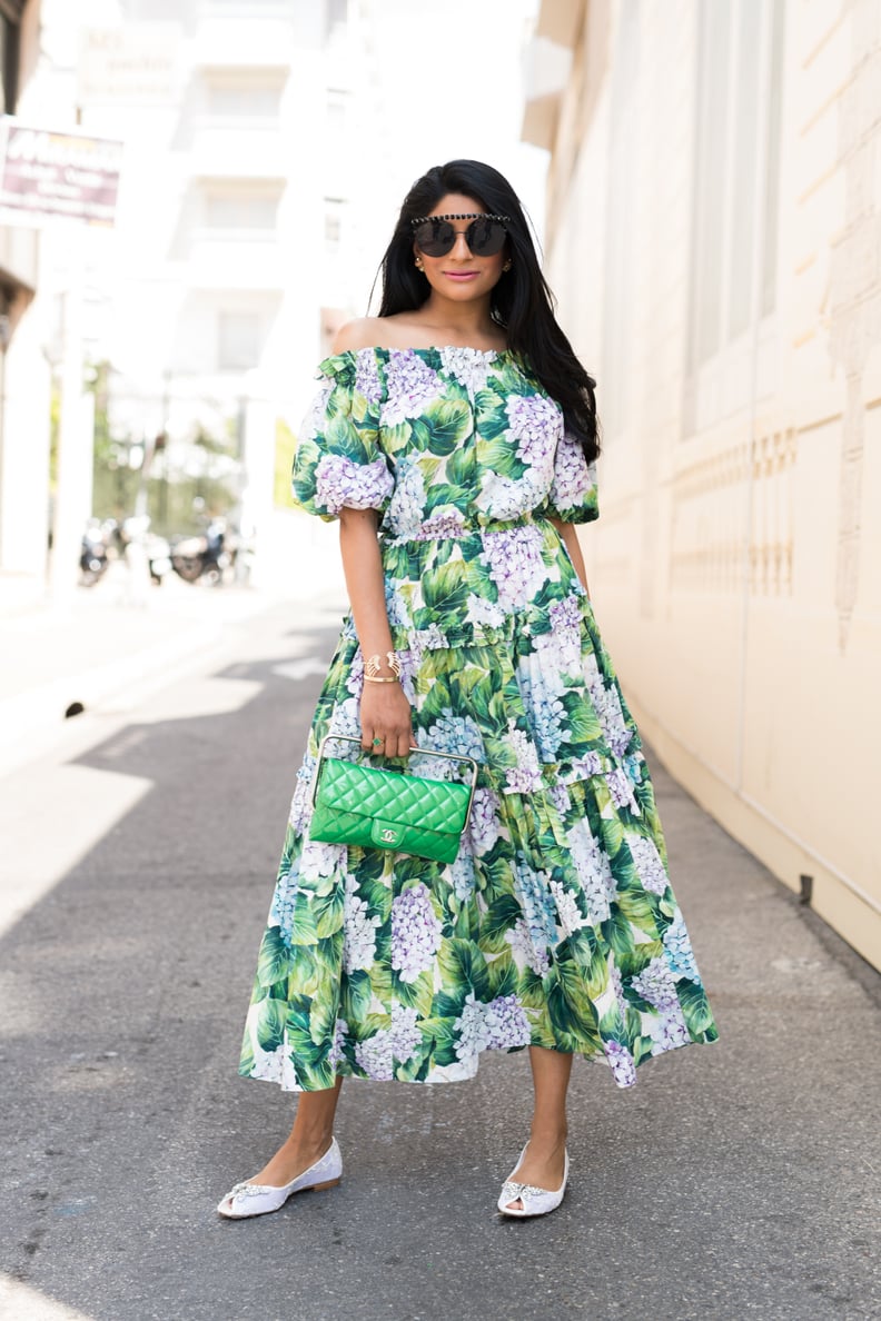 Wear a Floral Off-the-Shoulder Dress With a Colorful Purse and Feminine Flats