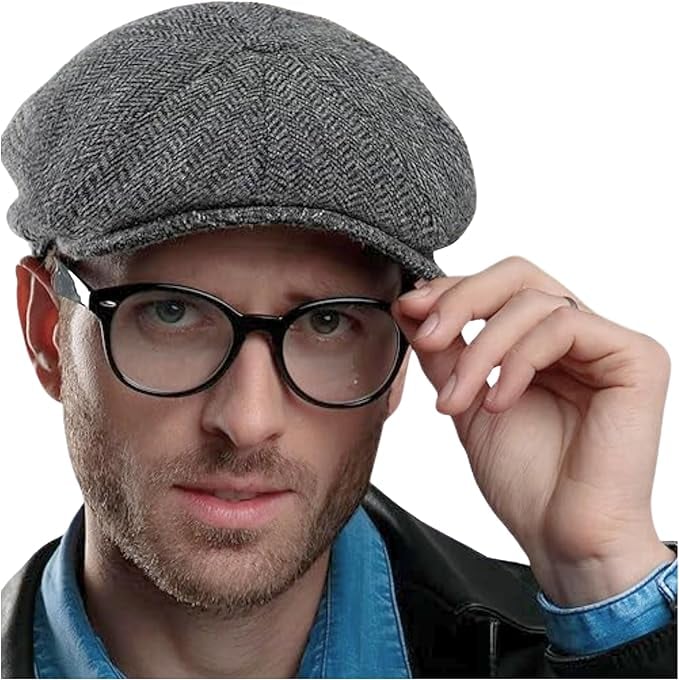 Botvela Eight Panel Wool Blend Newsboy Flat Cap Herringbone Tweed Hat