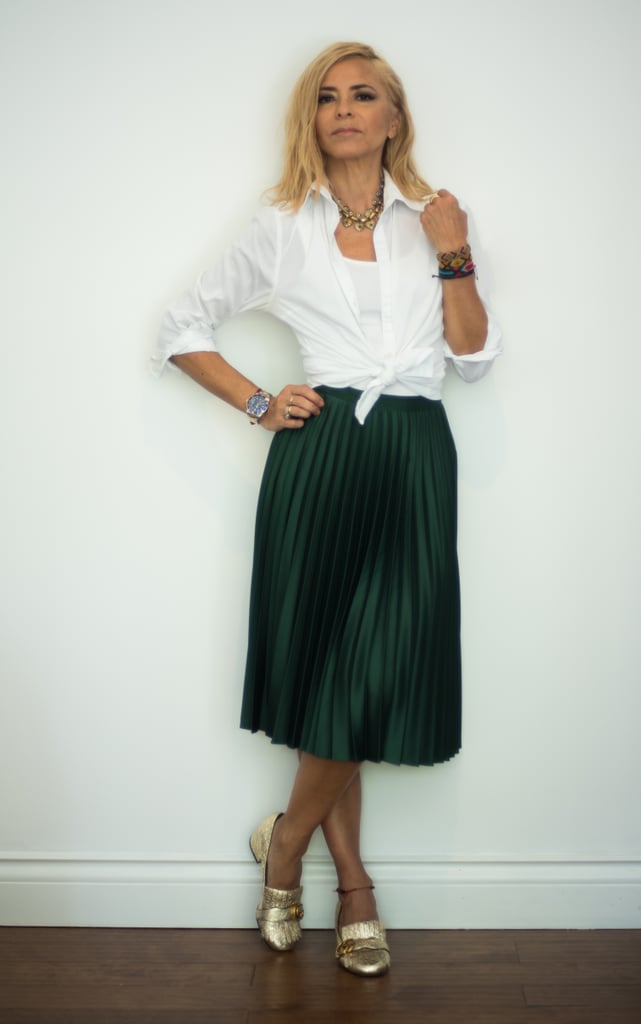 With a Pleated Green Midi Skirt, a White Shirt, and Gold Flats How to