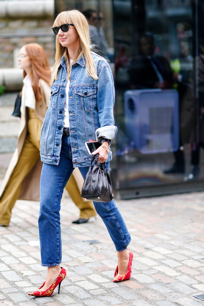 Punch up a denim jacket, jeans, and t-shirt combo with a bright pair of heels.